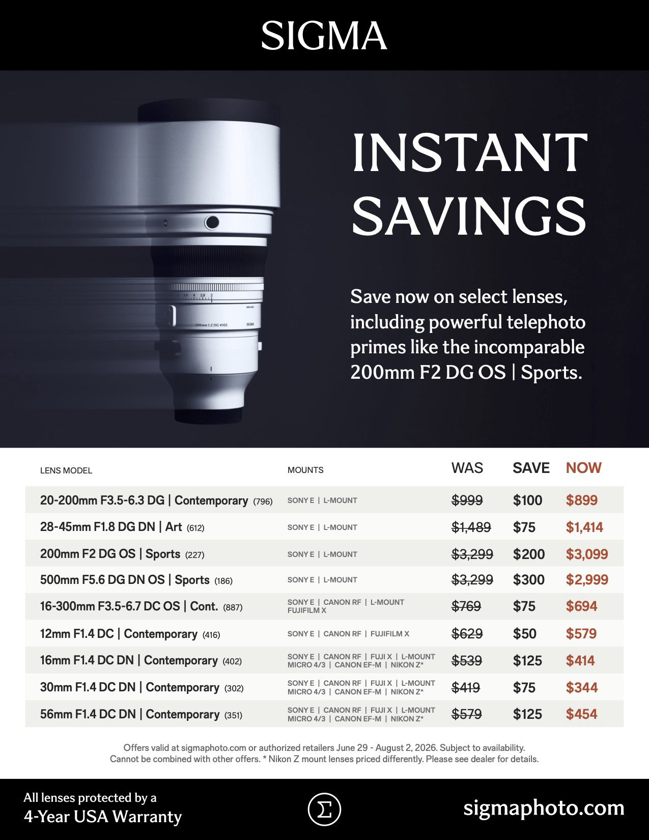 NEW Announcement  - Sigma Instant Savings at K&R photographics