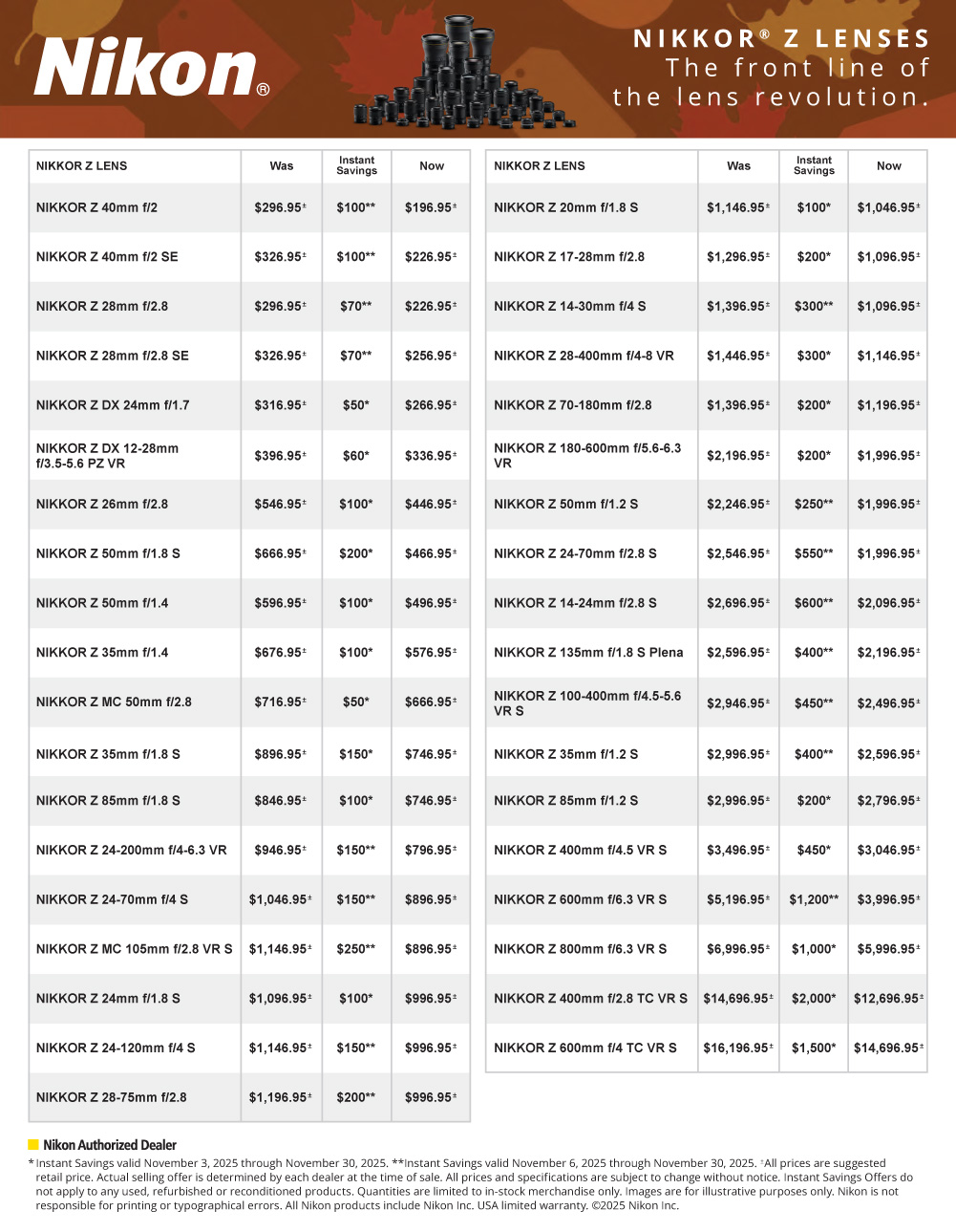 Nikon Fall Savings  on Z Mirrorless lenses at K&R photographics