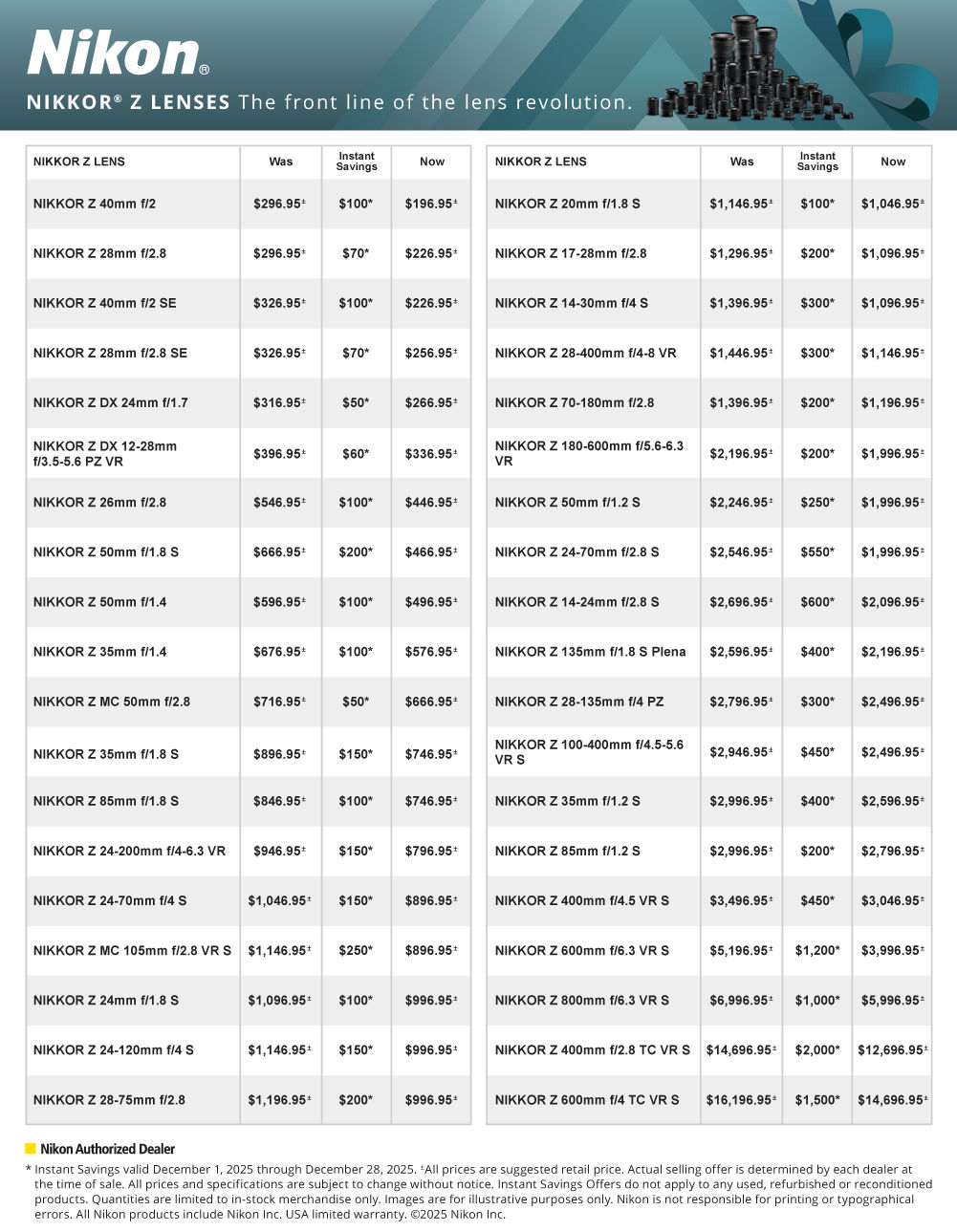 Nikon Winter Deals  on Z Mirrorless lenses at K&R photographics