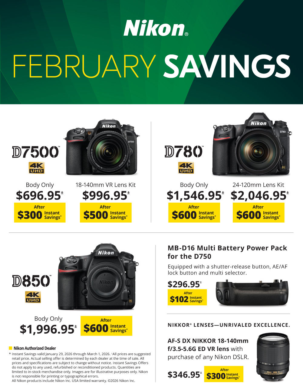 NIKON DSLR  February  Savings at K&R.  Prepare for Winter.