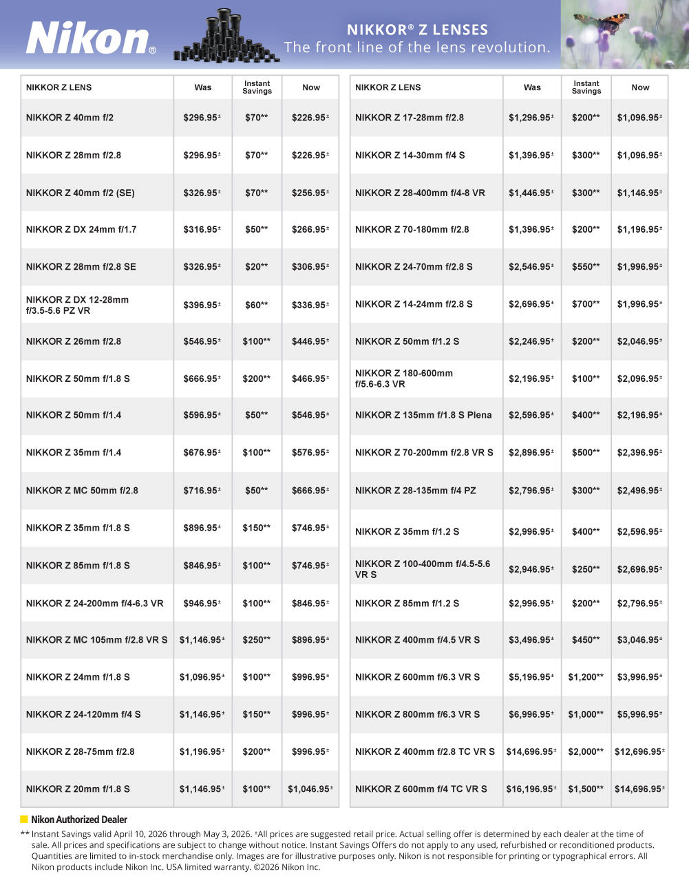 Nikon April  Deals  on Z Mirrorless lenses at K&R photographics