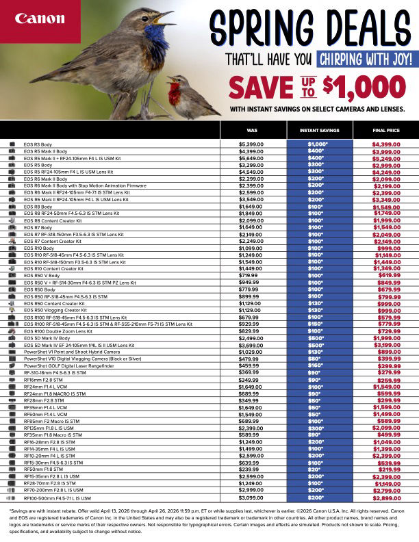 Canon Savings up to $1000. off at K&R photographics