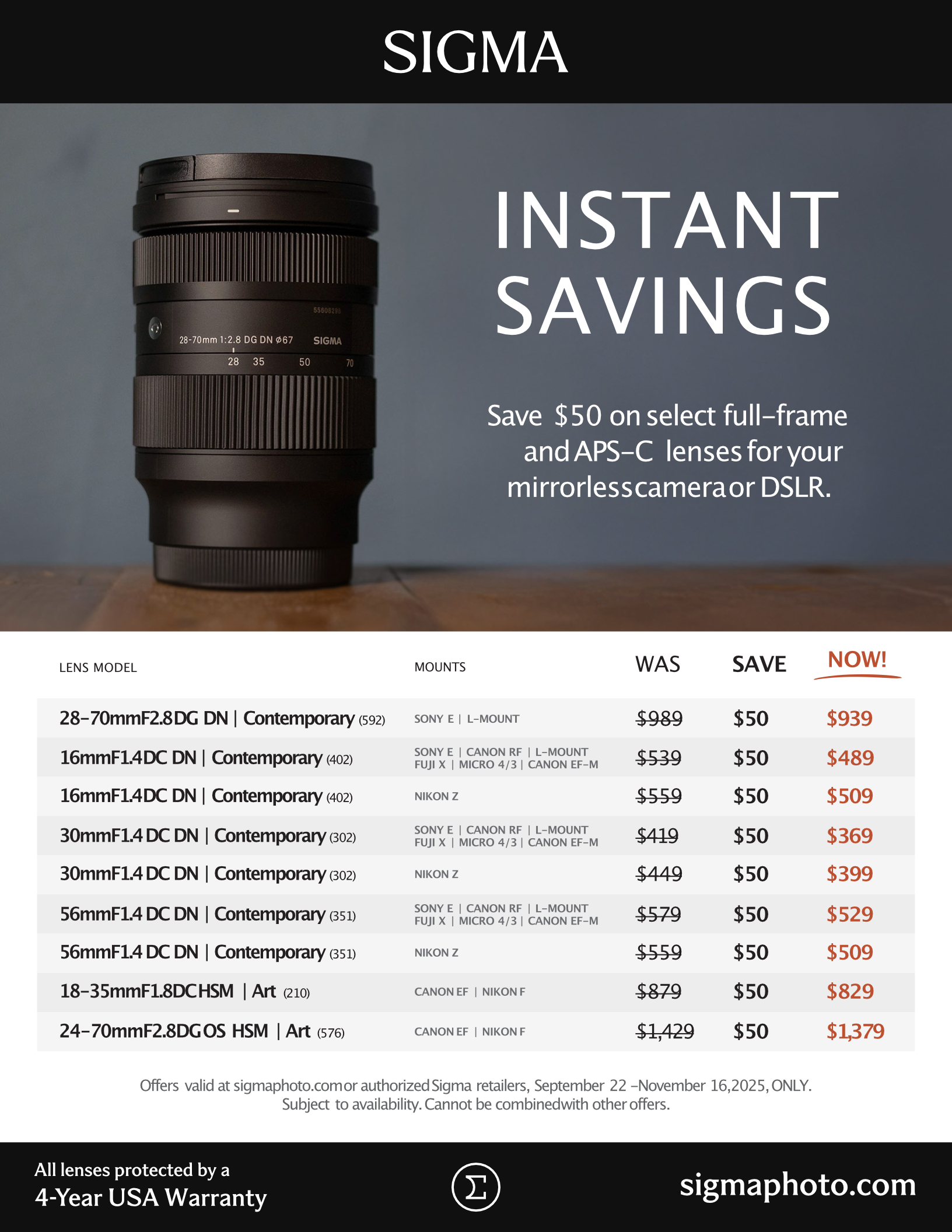 Sigma lens Instant Savings