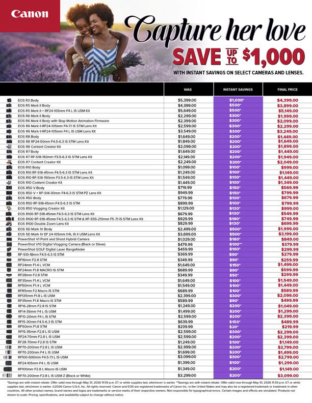 Canon Savings up to $1000. off at K&R photographics